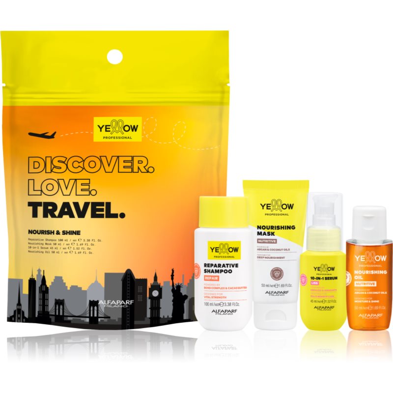 Yellow Professional Discover.Love.Travel. Set Seturi pentru voiaj pentru păr uscat și fragil 4 buc