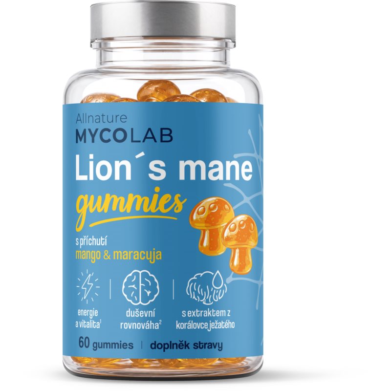 Allnature Mycolab Lion’s Mane Gummies ovocné želé pro podporu duševní rovnováhy příchuť Mango & Maracuja 60 ks