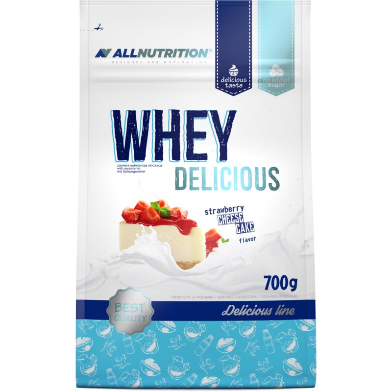 Allnutrition Whey Delicious srvátkový proteín príchuť Cheesecake & Strawberry 700 g