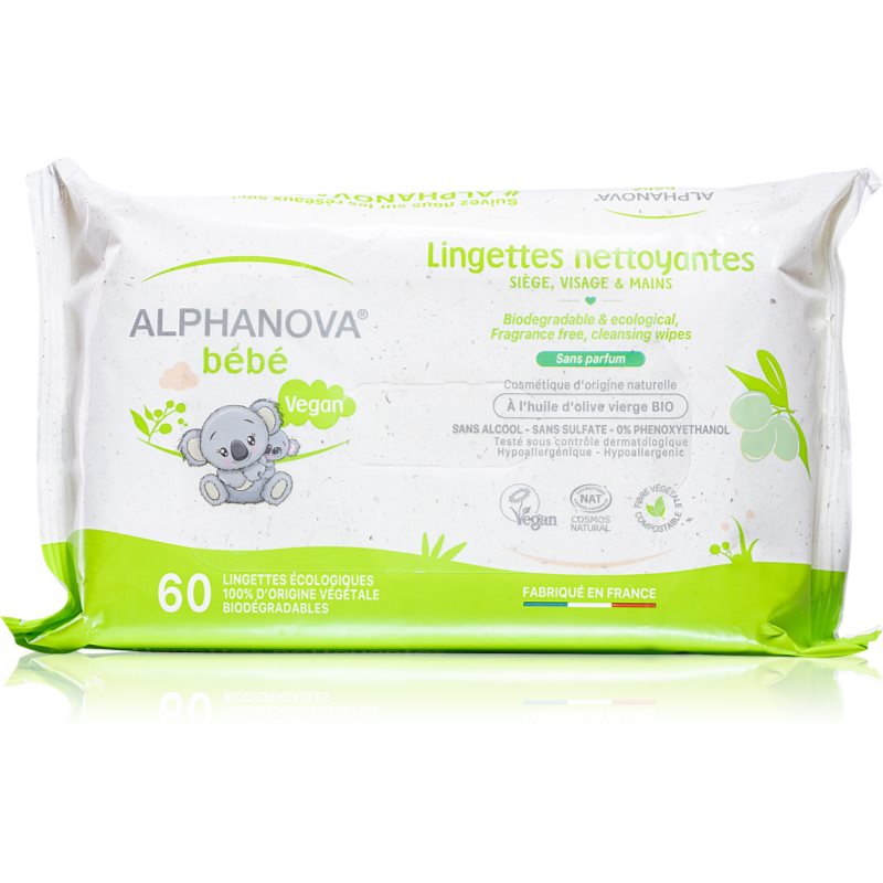 Alphanova Baby Bio itin švelnios valomosios servetėlės be kvapiųjų medžiagų vaikams nuo gimimo 60 vnt.