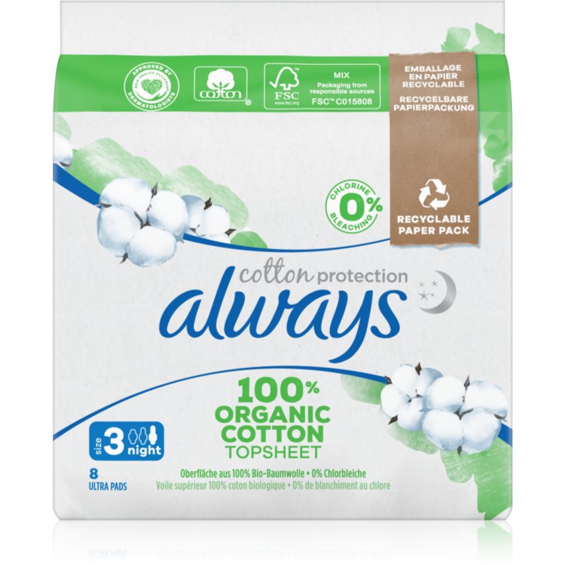 Always Cotton Protection Night vložky bez parfumácie 8 ks