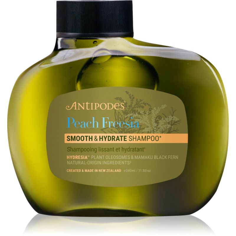 Antipodes Peach Freesia Smooth & Hydrate hydratační šampon pro uhlazení a výživu suchých a nepoddajných vlasů 340 ml