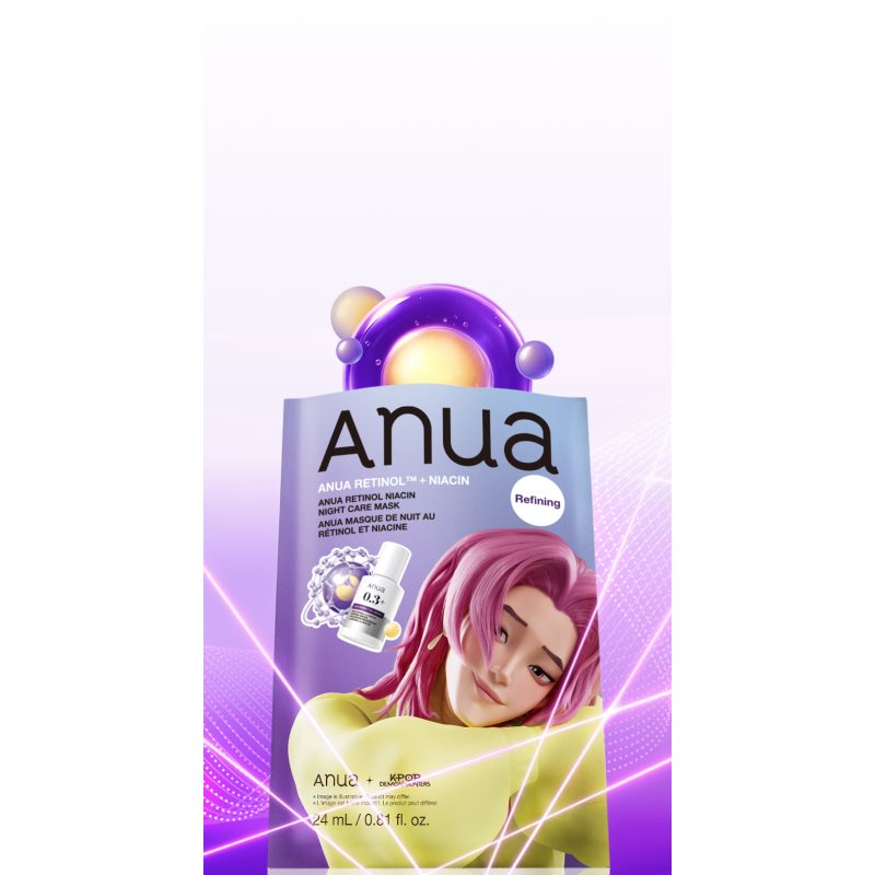 Anua K-Pop Demon Hunters Retinol Niacin Night Care Mask nočná maska pre obnovu pleti na vrásky 24 ml (obrázok 3)