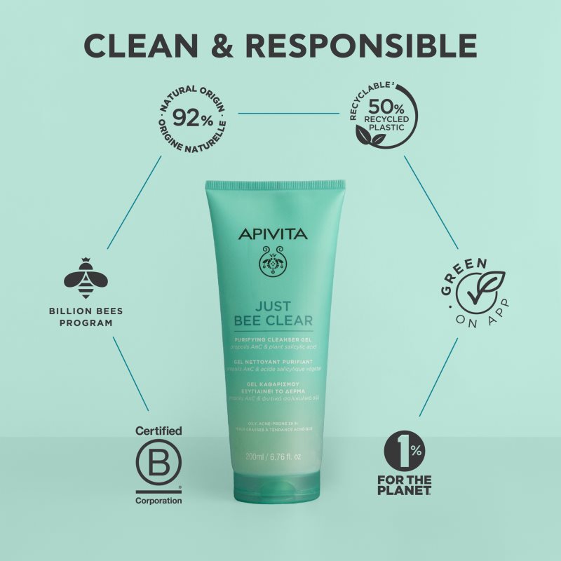 Apivita Just Bee Clear Purifying Cleanser Gel čisticí pleťový gel proti akné 200 ml (obrázek 9)