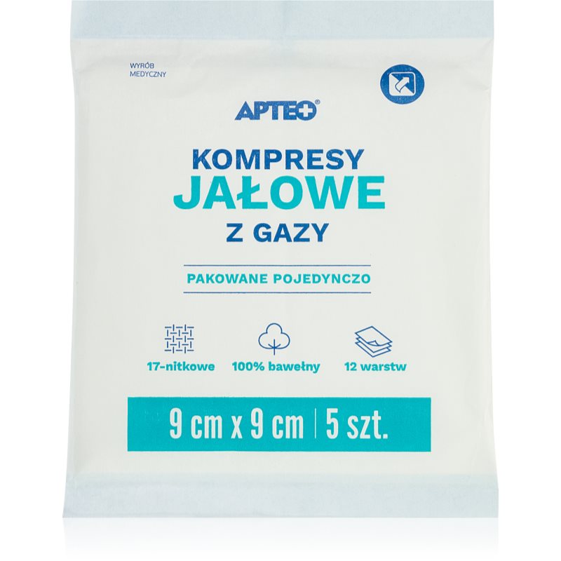 Apteo Kompresy jałowe 9 cm x 9 cm kompres z gazy do opatrywania drobnych powierzchownych ran 5 szt.