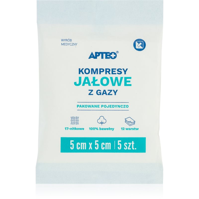 Apteo Sterilné obklady 5 cm x 5 cm gázové krytie na ošetrenie drobných povrchových poranení kože 5 ks