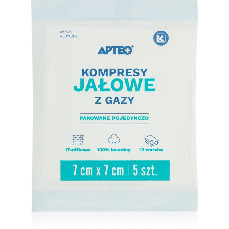 Apteo Sterilné obklady 7 cm x 7 cm gázové krytie na ošetrenie drobných povrchových poranení kože 5 ks