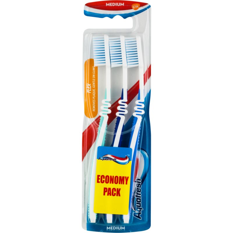 

Aquafresh Flex зубні щіточки medium light green, dark blue, blue