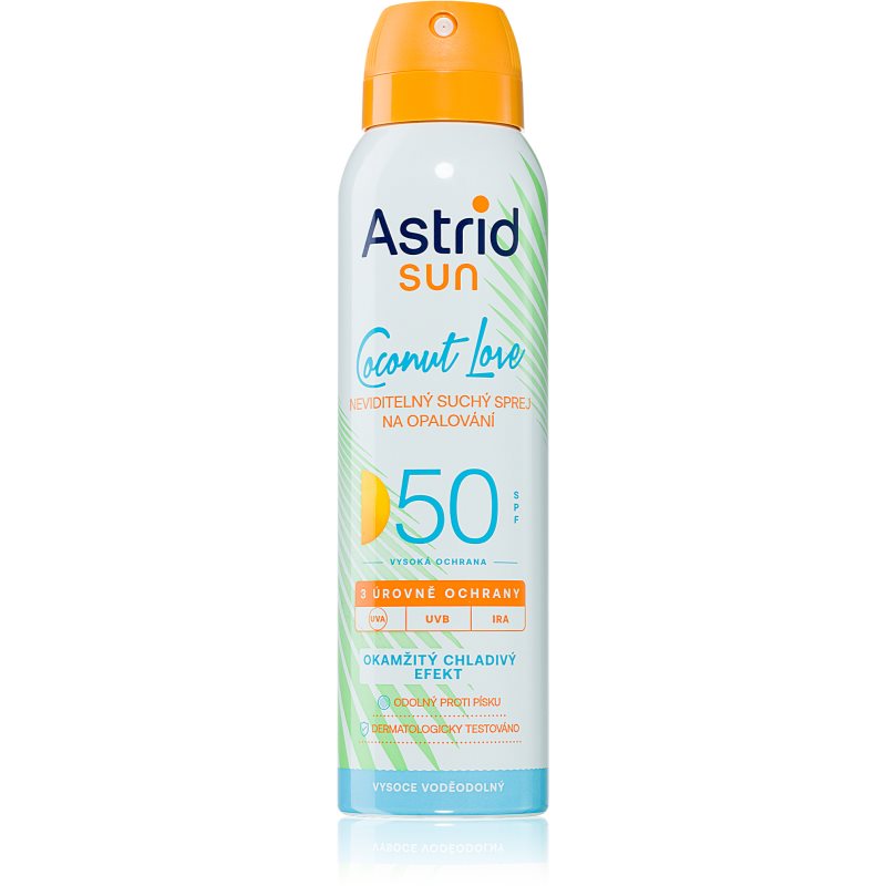 Astrid Astrid Sun Coconut Love δροσερό αόρατο αντηλιακό σπρέι SPF 50 πολύ μεγάλη προστασία απο τον ήλιο 150 ml