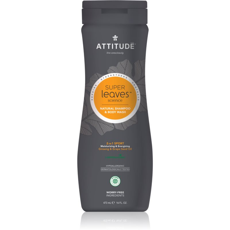 E-shop Attitude Super Leaves Sport Ginseng & Grape Seed Oil sprchový gel a šampon 2 v 1 pro muže 473 ml