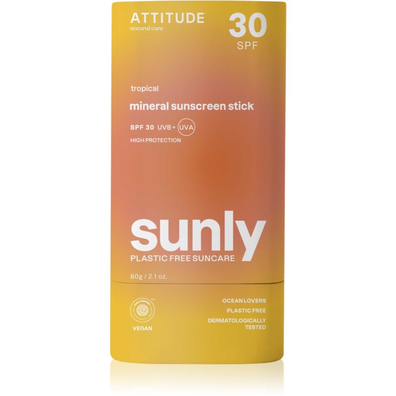 Attitude Attitude Sunly Sunscreen Stick μεταλλική αντηλιακή κρέμα σε στικ SPF 30 Tropical 60 γρ