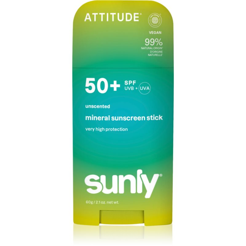 Attitude Sunly Mineral Sunscreen Stick SPF 50+ minerální ochranný krém na obličej a tělo v tyčince bez parfemace 60 g