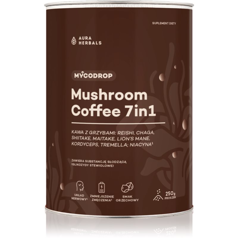Aura Herbals Aura Herbals Mycodrop Mushroom Coffee 7in1 kawa adaptogenna dla redukcji zmęczenia i wyczerpania smak Hazelnut 250 g