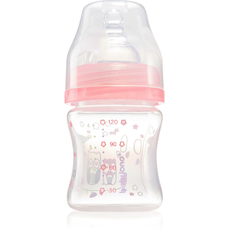 BabyOno Baby Bottle kūdikių buteliukas apsaugantis nuo dieglių 0m+ Pink 120 ml