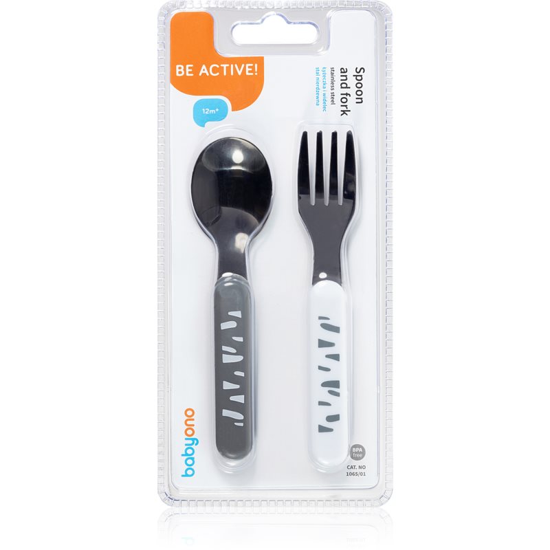 BabyOno Be Active Stainless Steel Spoon and Fork príbor Grey-White 12 m+ 2 ks