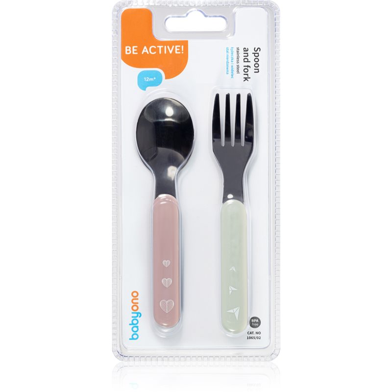 BabyOno Be Active Stainless Steel Spoon and Fork příbor Pastel 12 m+ 2 ks