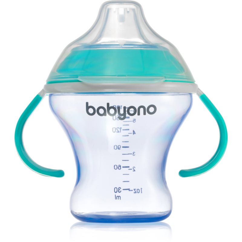 BabyOno Take Care Non-spill Cup with Soft Spout tréningový hrnček s držadlami Turquoise 3 m+ 180 ml