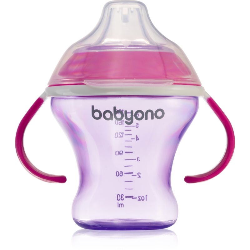 BabyOno Take Care Non-spill Cup with Soft Spout tréningový hrnček s držadlami Purple 3 m+ 180 ml