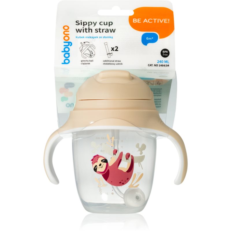 BabyOno Be Active Sippy Cup with Weighted Straw tréningový hrnček s rúrkou 6 m+ Sloth 240 ml