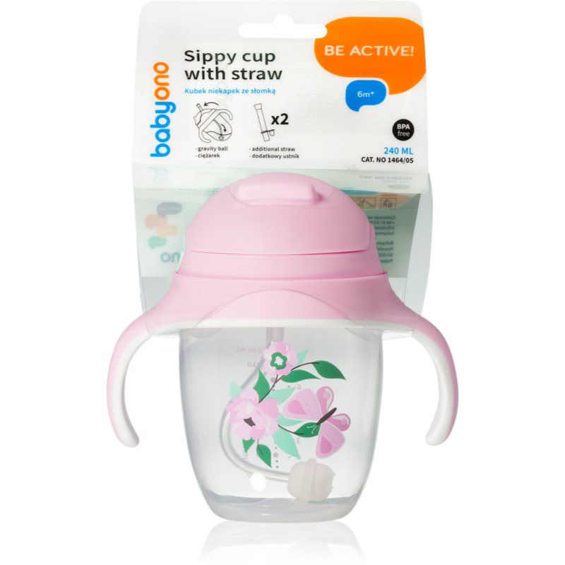 BabyOno Be Active Sippy Cup with Weighted Straw тренувальний кухоль з трубочкою 6 m+ Butterfly 240 мл