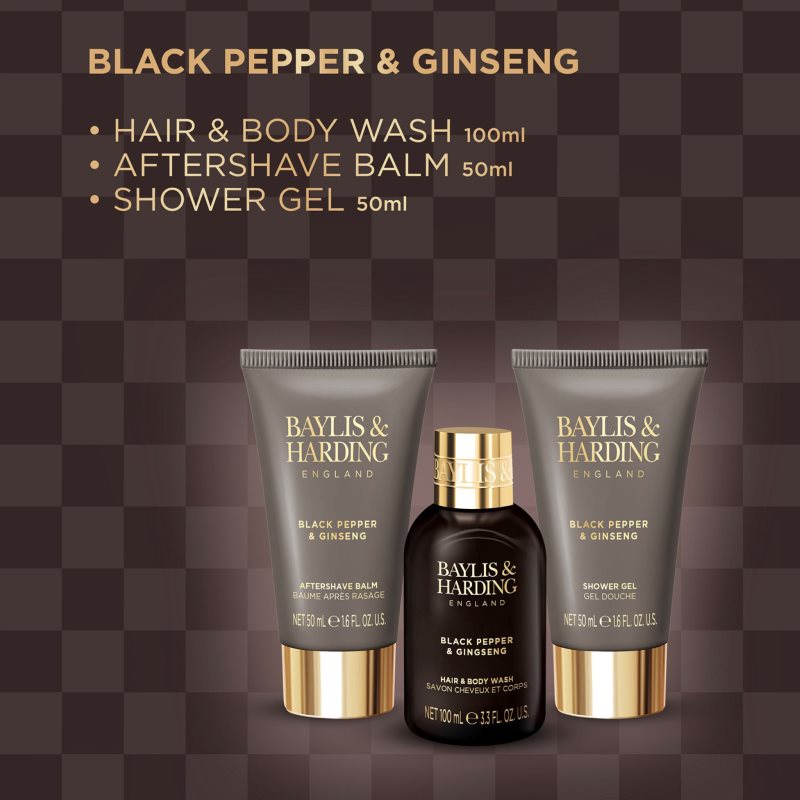 Baylis & Harding Black Pepper & Ginseng подарунковий набір для обличчя, тіла та волосся для чоловіків Mini Trio