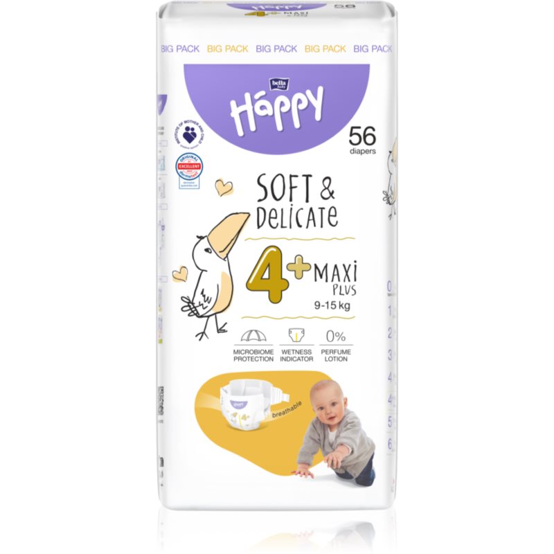 BELLA Baby Happy Soft&Delicate Size 4+ Maxi Plus Disposable Nappies 9-15 Kg 56 Pc