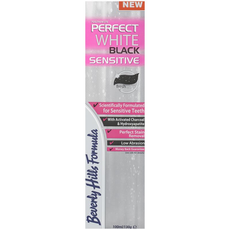 Beverly Hills Formula Perfect White Black Sensitive відбілююча зубна паста з вугіллям для чутливих зубів присмак Fresh Mint 100 мл