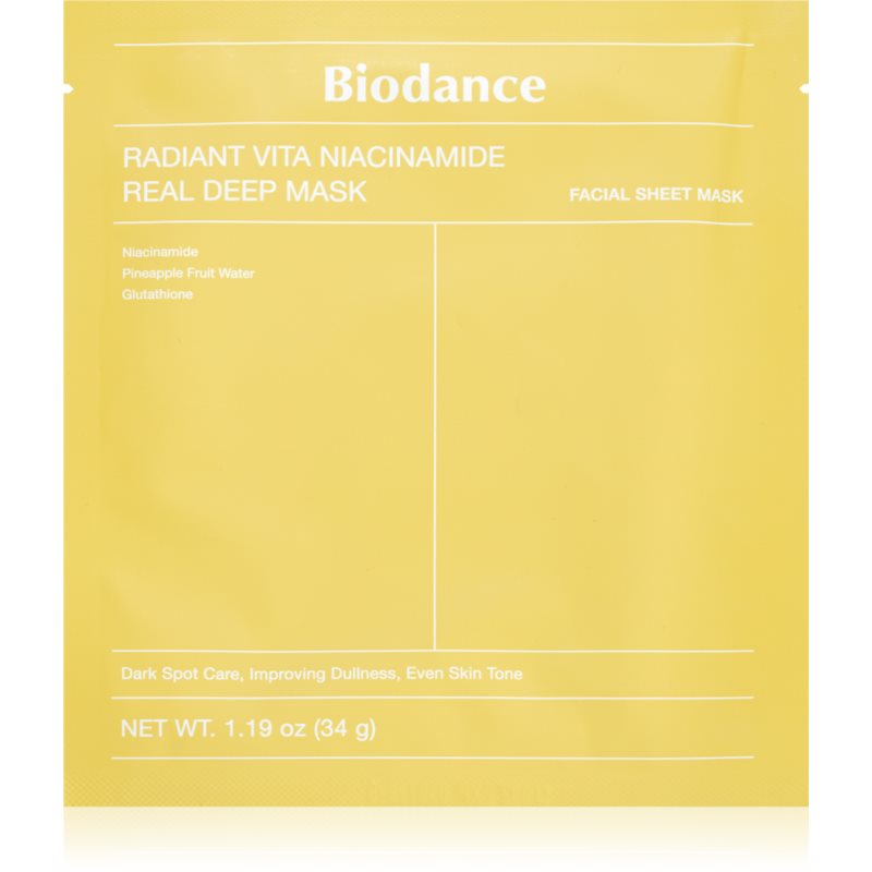 Biodance Radiant Vita Niacinamide Real Deep Mask rozjasňující pleťová maska pro sjednocení barevného tónu pleti 1 ks