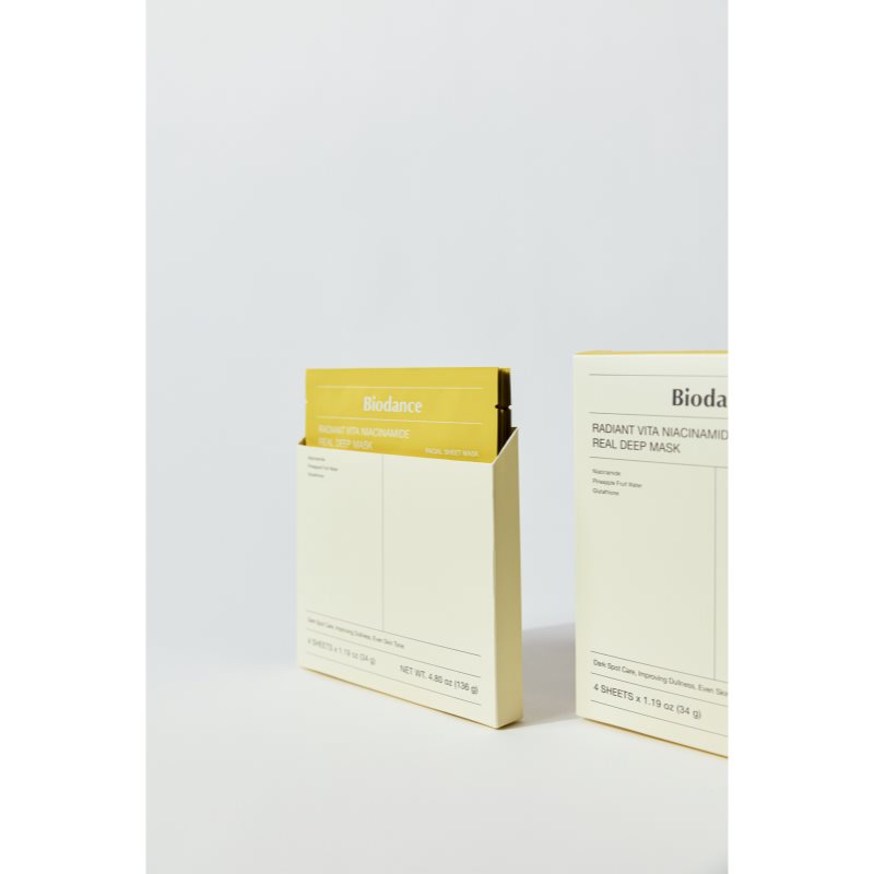 Biodance Radiant Vita Niacinamide Real Deep Mask rozjasňující pleťová maska pro sjednocení barevného tónu pleti 1 ks (obrázek 6)