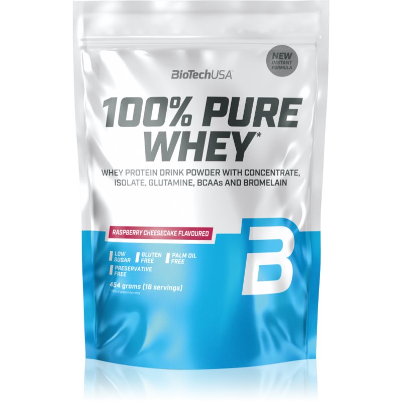 BioTechUSA 100% Pure Whey syrovátkový protein malé balení příchuť Raspberry Cheesecake 454 g