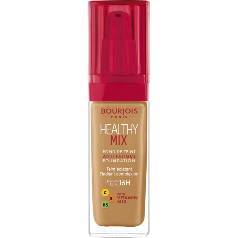 Bourjois Healthy Mix posvetlitveni vlažilni tekoči puder 16 ur odtenek 57,5 Golden Caramel 30 ml