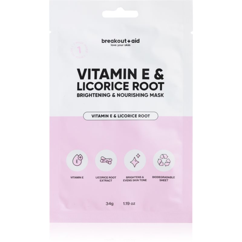 breakout   aid Vitamin E & Licorice Root rozjasňujúca plátienková maska s vitamínom E 34 ks