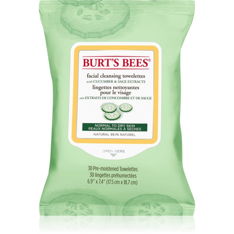 Burt’s Bees Cucumber & Sage valomosios ir makiažo šalinimo servetėlės normaliai ir sausai odai 30 vnt.