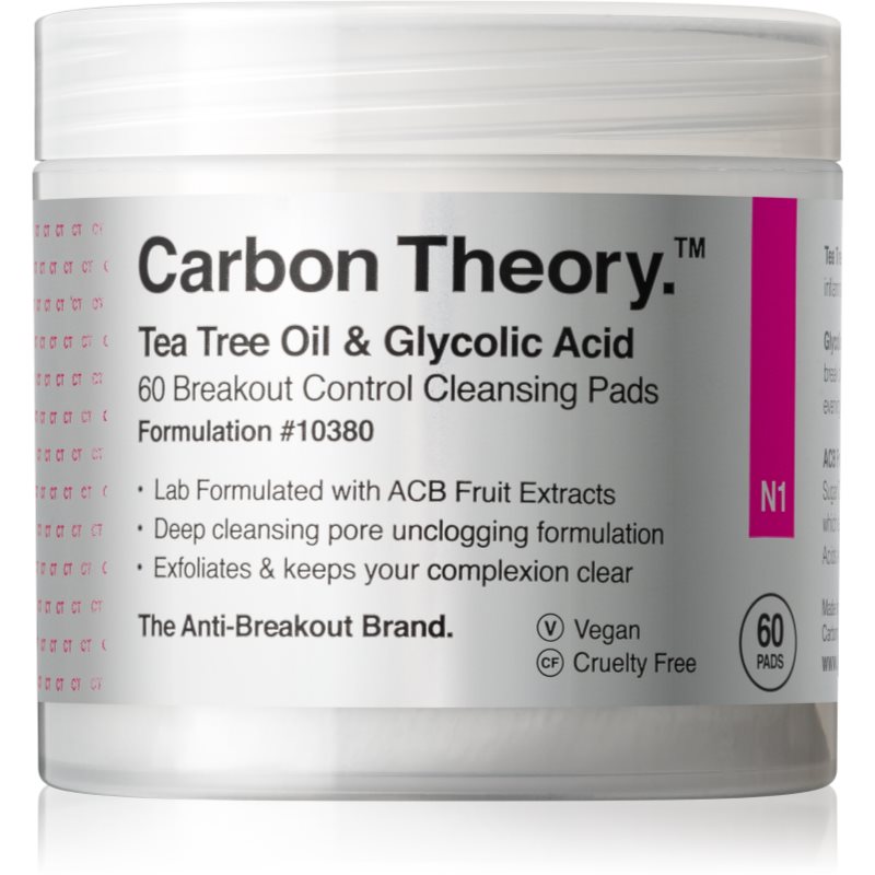 Carbon Theory Tea Tree Oil & Glycolic Acid tisztító vattakorong az élénk és kisimított arcbőrért 60 db