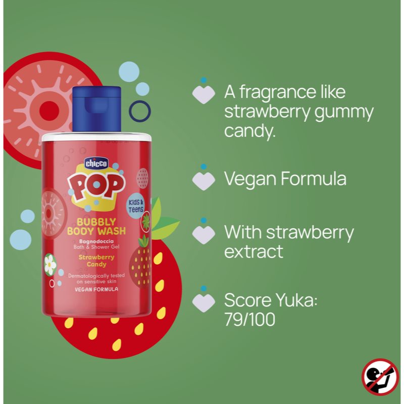 Chicco Pop Bubbly Body Wash sprchový a koupelový gel pro děti Strawberry Candy 300 ml (obrázek 4)