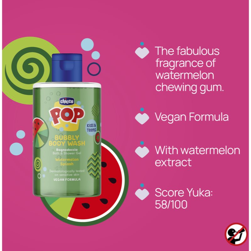 Chicco Pop Bubbly Body Wash sprchový a koupelový gel pro děti Watermelon Splash 300 ml (obrázek 4)