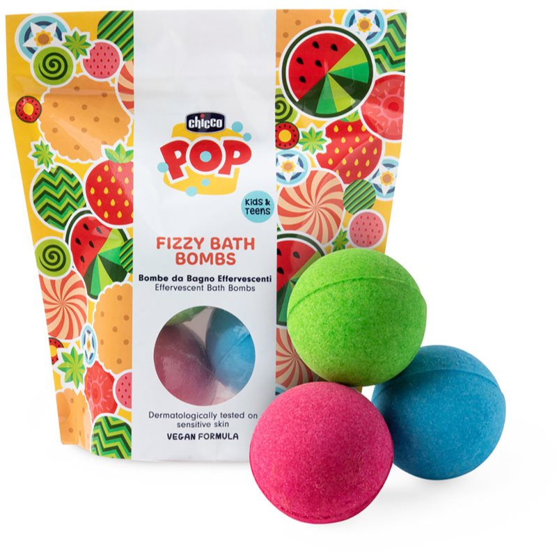 Chicco Chicco POP Fizzy Bath Bombs fizzy bath bombs for children Vanilla Wrap, Strawberry Candy, Watermelon Splash 3 pc