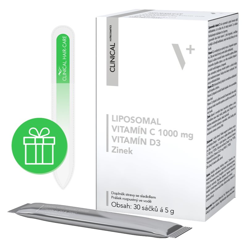 Clinical Liposomal vitamín C + D3 + zinek prášek na přípravu nápoje pro podporu imunitního systému, krásné vlasy, pleť a normální stav zubů 30x5 g