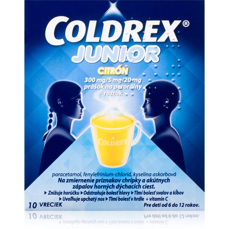 Coldrex Coldrex Junior Citron 300mg/5mg/20mg prášok na perorálnu suspenziu pri chrípke a prechladnutí pre deti 10 ks