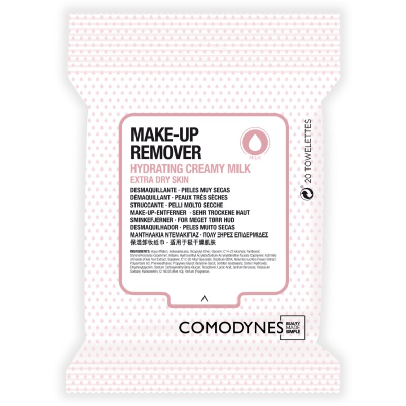Comodynes Make-up Remover Creamy Milk valomosios servetėlės labai sausai odai 20 vnt.
