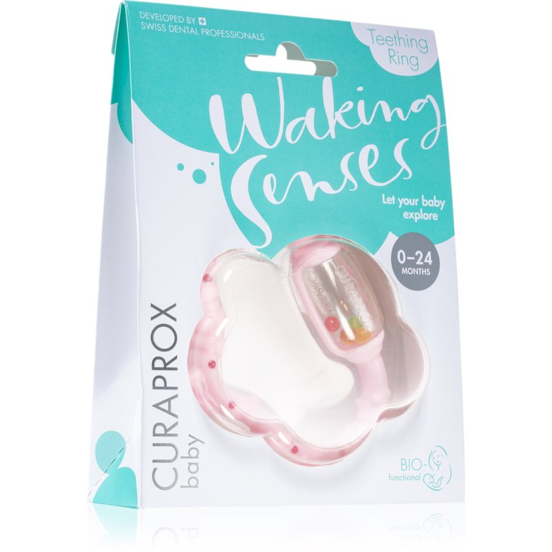 Curaprox Baby Waking Senses kúsací krúžok s masážnou kefkou a hrkálkou 1 ks