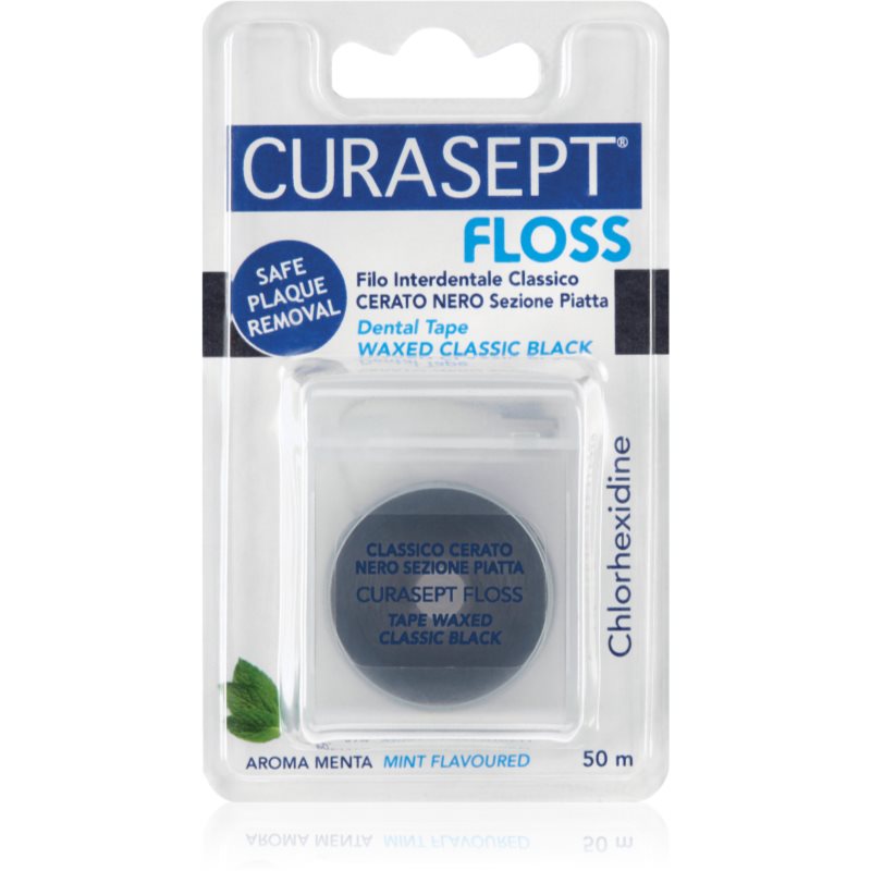 Curasept Dental Tape Waxed Classic Black вощена зубна нитка з антибактеріальними компонентами Mint 50 м