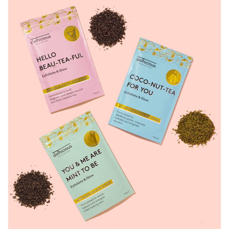 Delhicious COCO-NUT-TEA FOR YOU COCONUT BLACK TEA зволожуючий пілінг для тіла для сухої та чутливої шкіри 100 гр