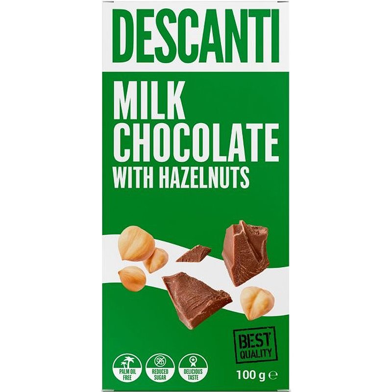 Descanti Milk Chocolate with Hazelnuts mliečna čokoláda bez pridaného cukru 100 g