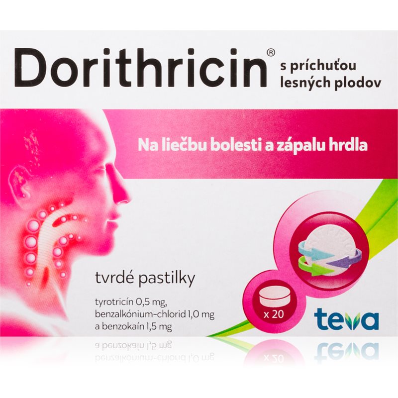 Dorithricin Dorithricin 0,5 mg/1 mg/1,5 mg lisované pastilky pri zápale v krku a ústnej dutine Forest Fruit 20 ks