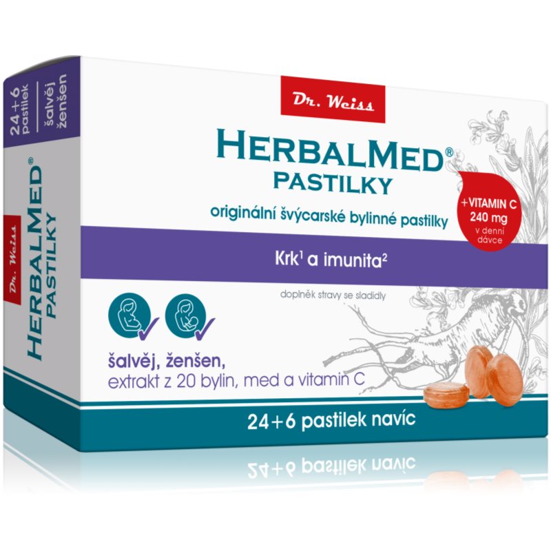 Dr.Weiss HerbalMed pastilky Šalvia + ženšen s vitamínom C pastilky na podporu zdravia dýchacích ciest 30 ks kúpite na Notino.sk