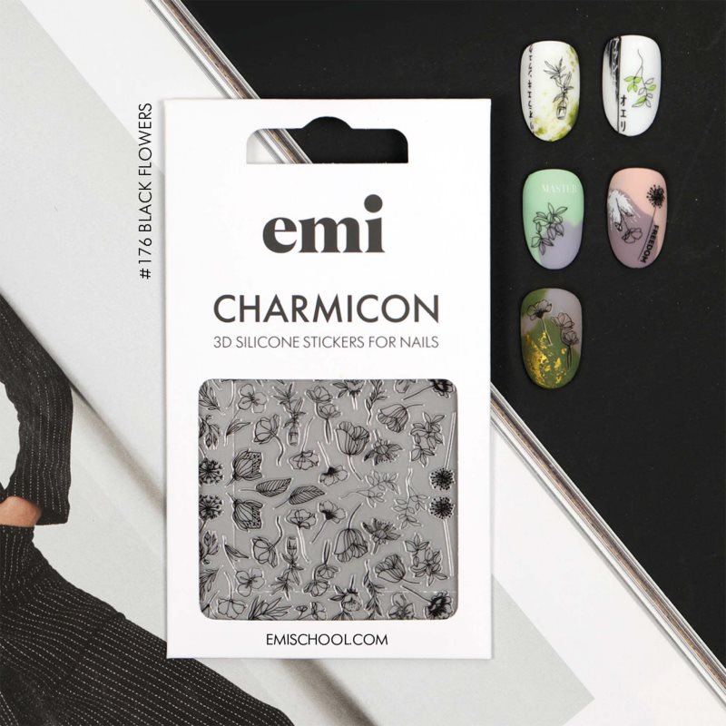 Emi Charmicon Black Flowers Nail Stickers 3D #176 1 Pc