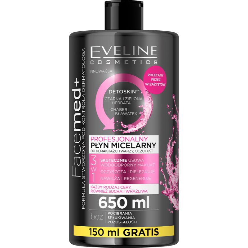 Eveline Cosmetics FaceMed  čistiaca a odličovacia micelárna voda s detoxikačným účinkom 650 ml
