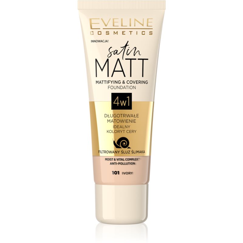 Eveline Cosmetics Satin Matt тональний крем з матуючим ефектом з екстрактом равлика відтінок 101 Ivory 30 мл