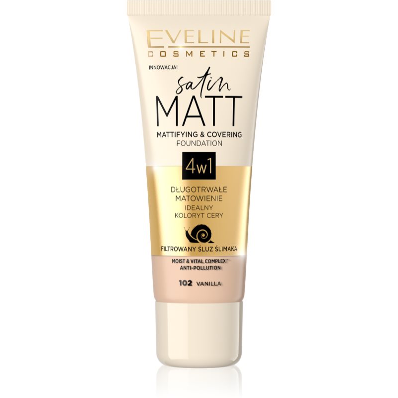 Eveline Cosmetics Satin Matt zmatňujúci make-up s extraktom zo slimáka odtieň 102 Vanilla 30 ml